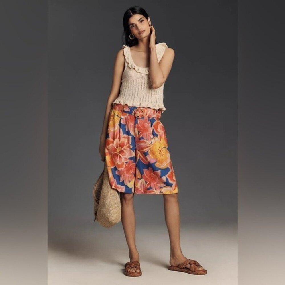 NWT Size S - Farm Rio Linen Blend Belted Floral Bermuda Shorts (NWT US$ 188) - Picture 5 of 12